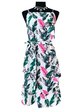 BOOHOO ~ Belted Tropical Print Sleeveless Spaghetti Strap Dress w/Ruffle Details